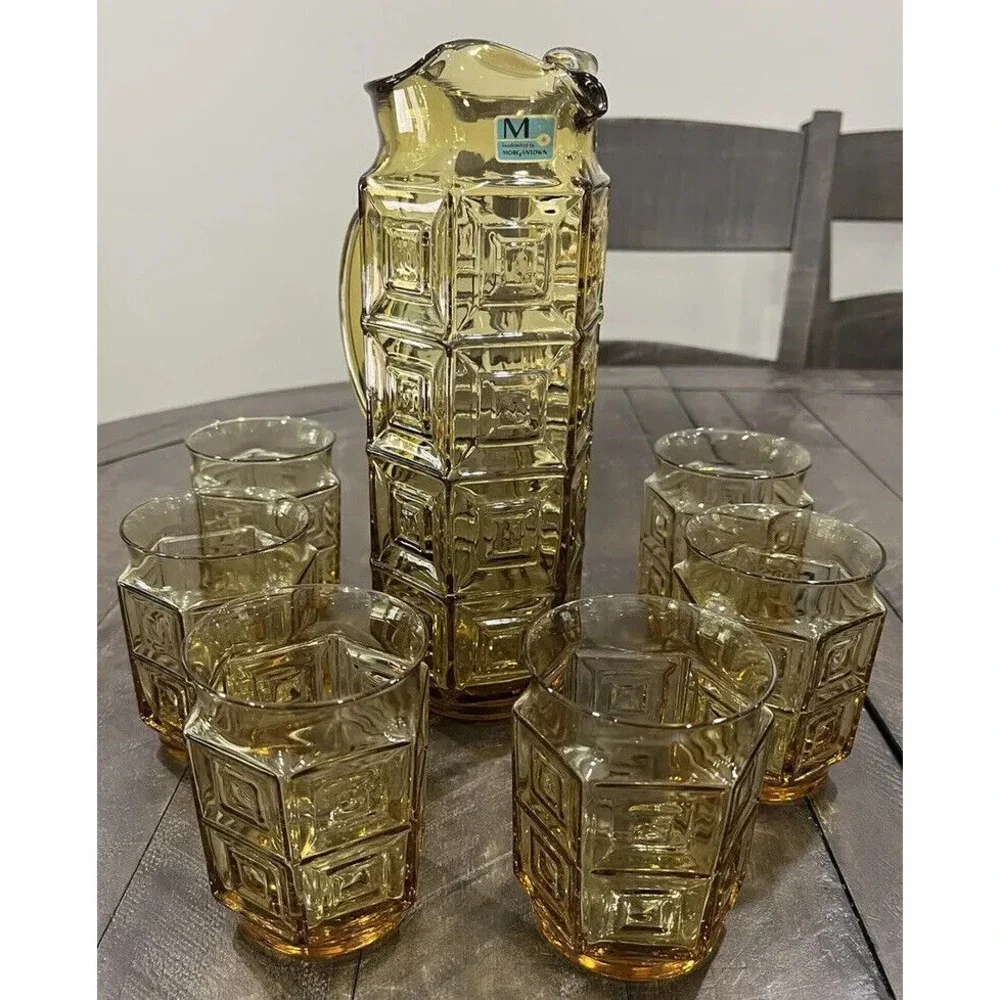 Morgantown Glass Seville Amber Martini‎ Cocktail Set Pitcher 6 Glasses Geometric